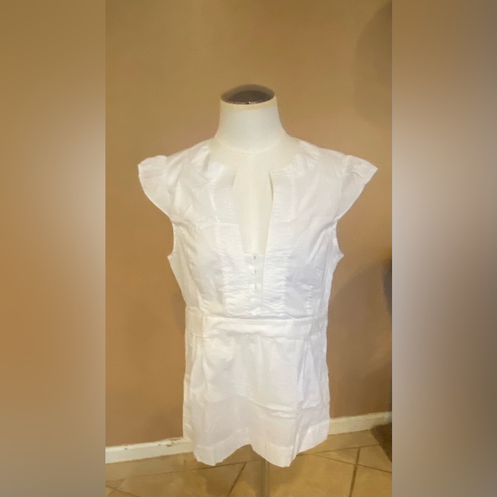 BCBGMaxAzria White Cap-Sleeve V-Neck Pleated Tunic Dress